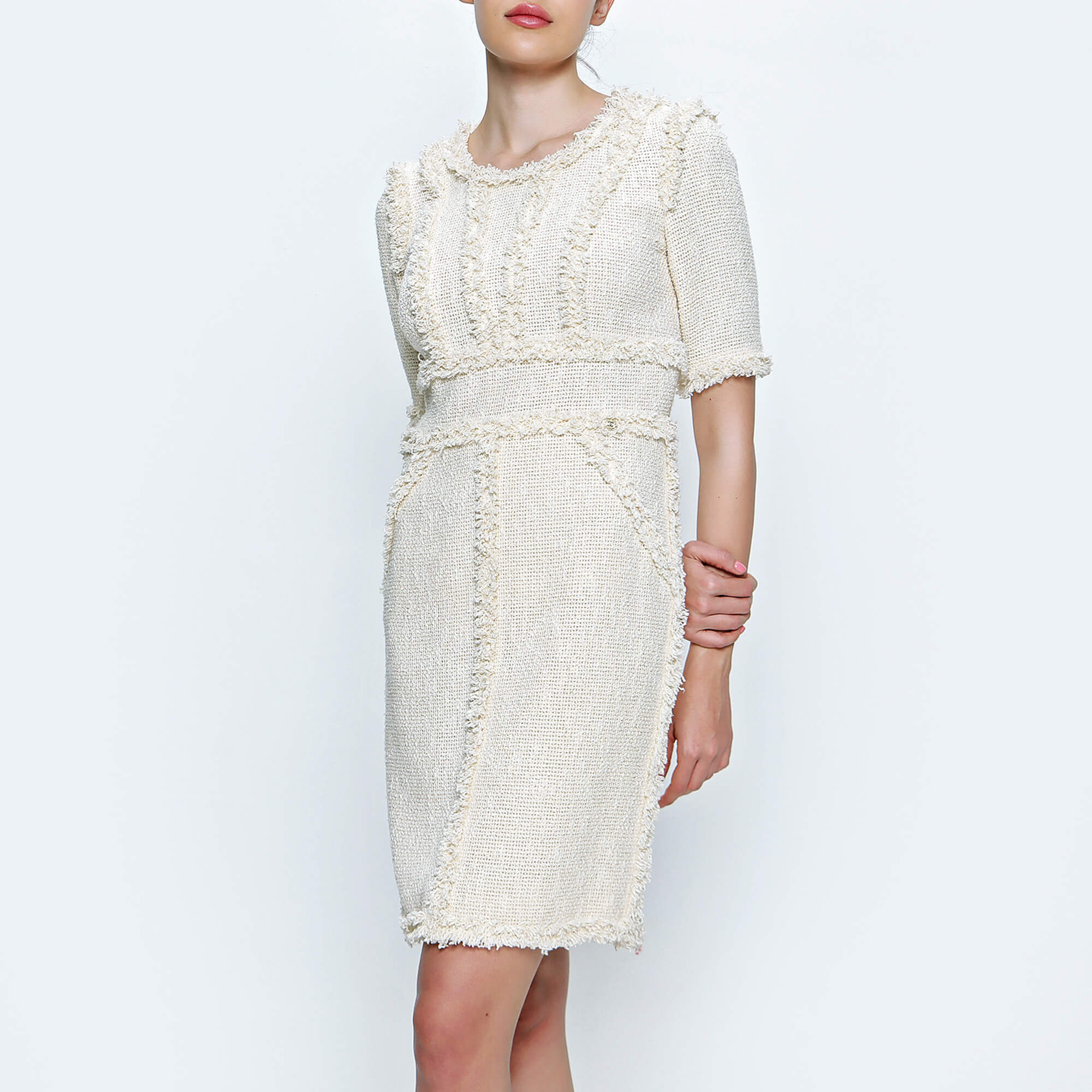 Chanel - Ivory Fringe Tweed Knit Mid Length Dress 